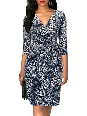 Women's Blue Leopard 3/4 Faux Elegant V Neck Bodycon Midi Knee Wrap Dresses